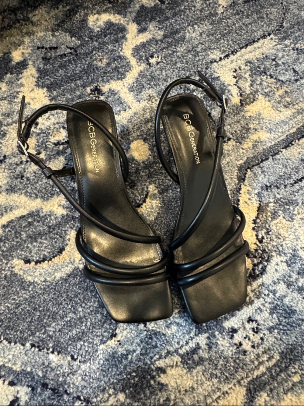 BCBGeneration Black Strappy Square-Toe Heeled Sandals
